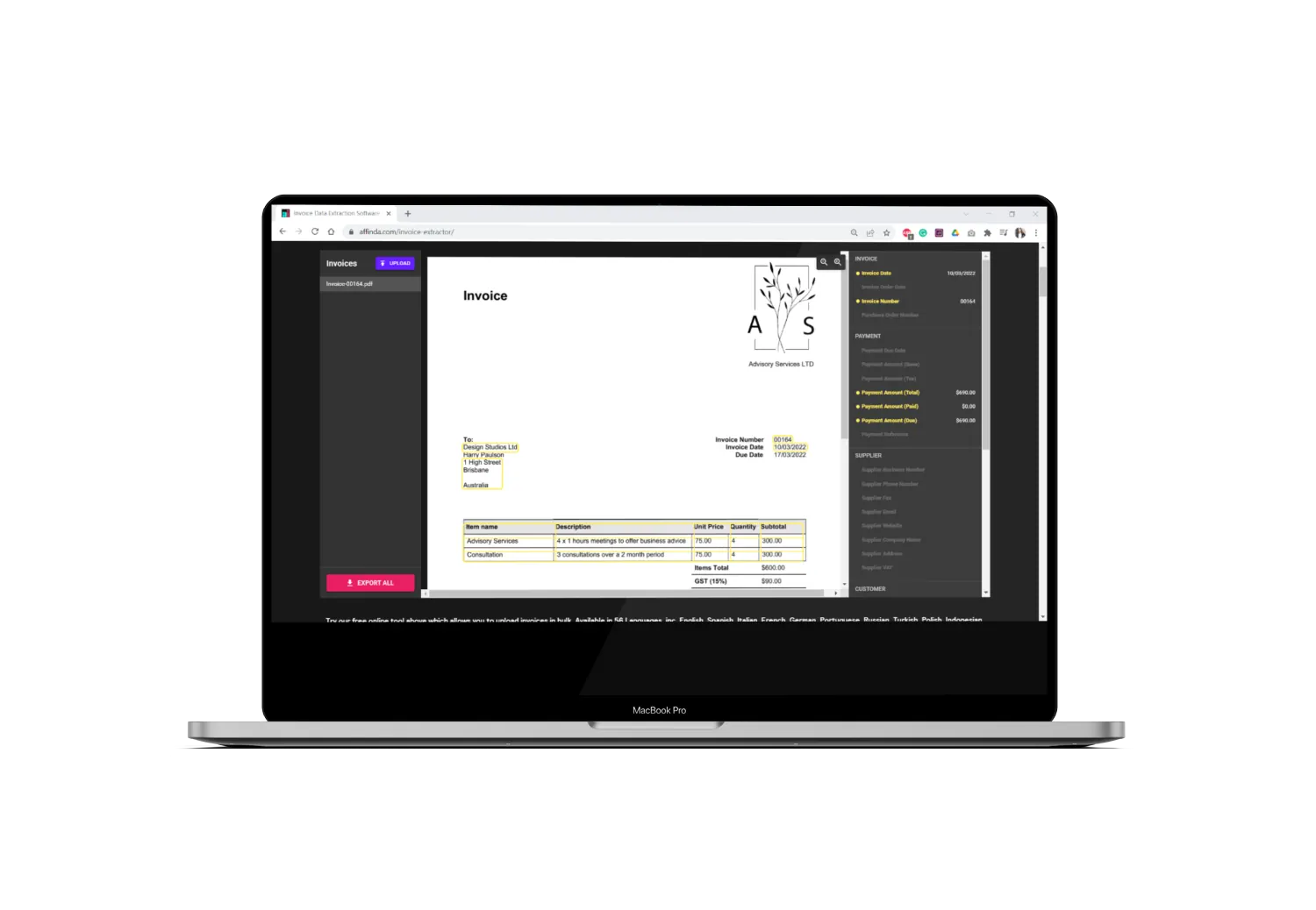 Uploading an invoice to Affinda's online invoice recognition software